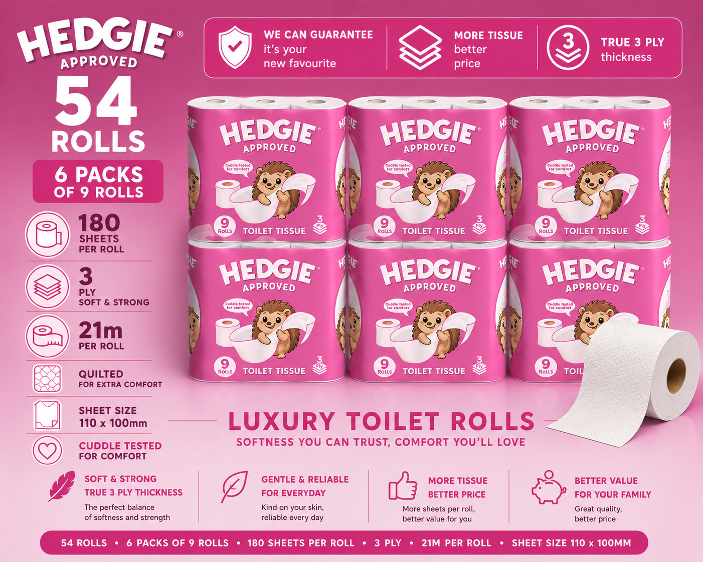Hedgie 3ply Quilted Soft Toilet Tissue 180 x 3 ply sheets per roll 20.7m /roll