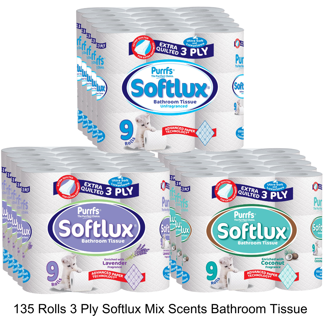 135 Softlux Toilet Rolls 3 Ply Bathroom Tissue Paper 45 x 3 135 Rolls Original, Coconut and Lavender Scented Toilet Tissue