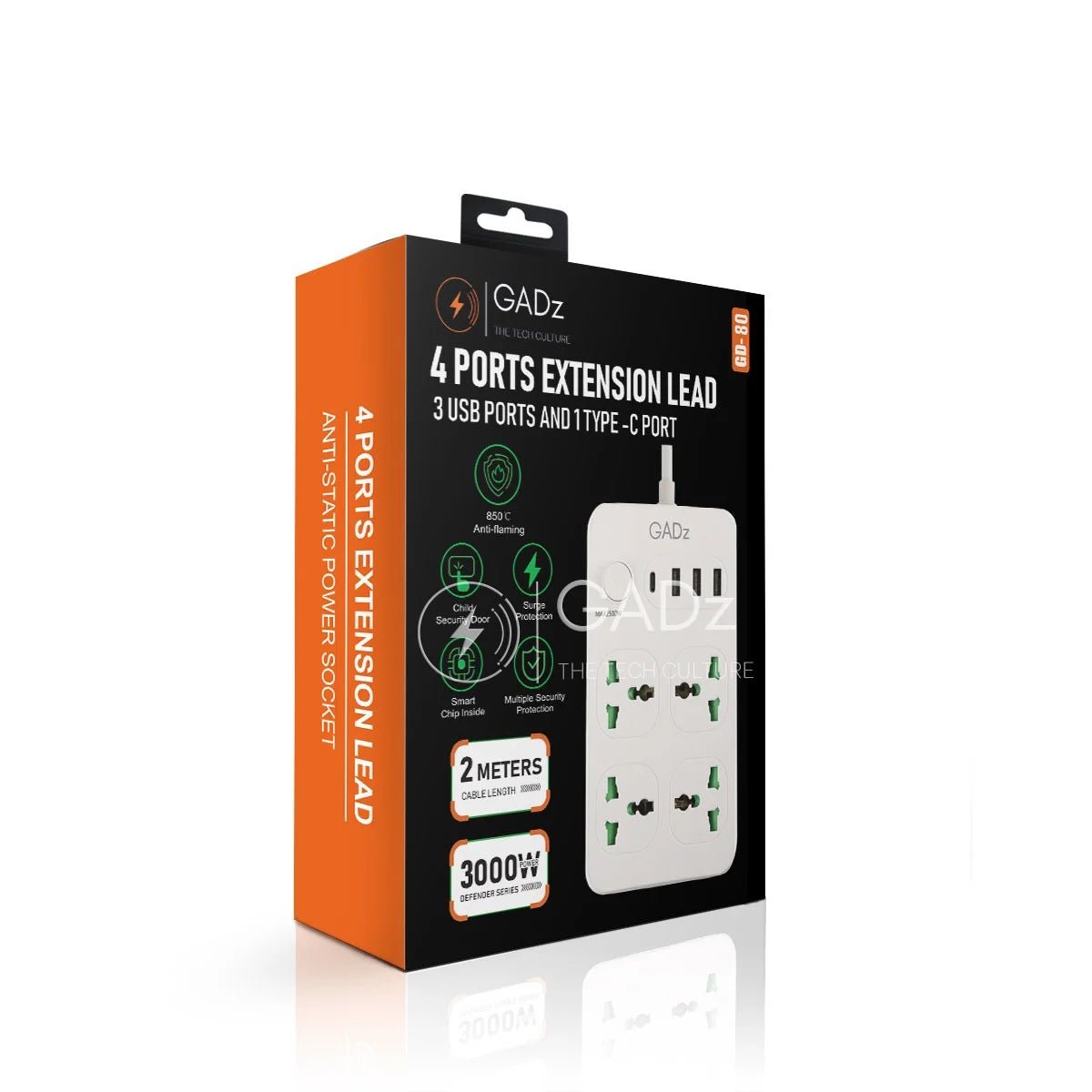 Gadz 4 Ports Extension Lead (3 USB Ports & 1 Type – C Port)