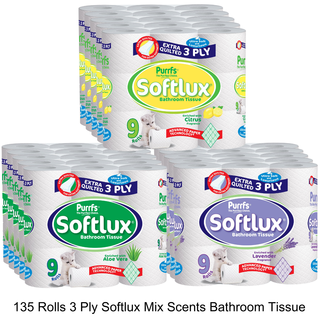 135 Softlux Toilet Rolls 3 Ply Bathroom Tissue Paper 45 x 3 135 Rolls Citrus, Aloe Vera and Lavender Scented Toilet Tissue