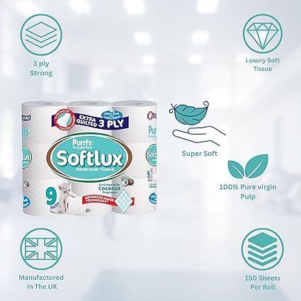 135 Softlux Toilet Rolls 3 Ply Bathroom Tissue Paper (45 x 3) Coconut Scented Toilet Tissue