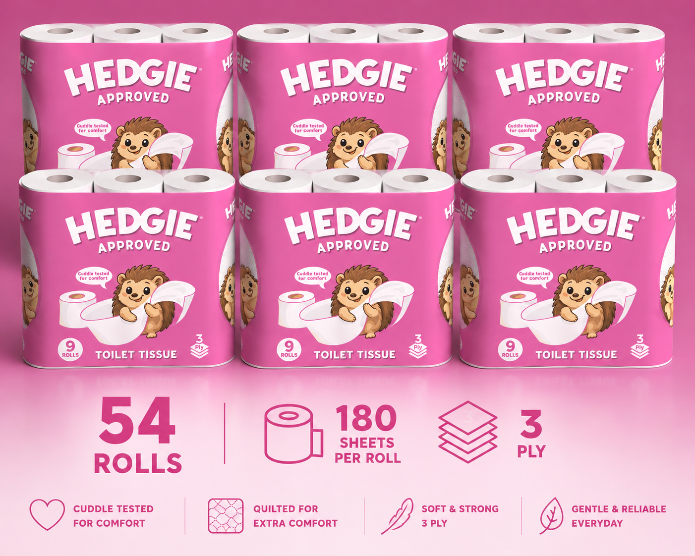 Hedgie 3ply Quilted Soft Toilet Tissue 180 x 3 ply sheets per roll 20.7m /roll