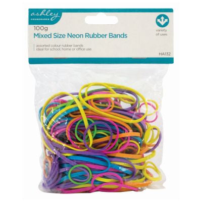 100G Mixed Size Neon Rubber Bands