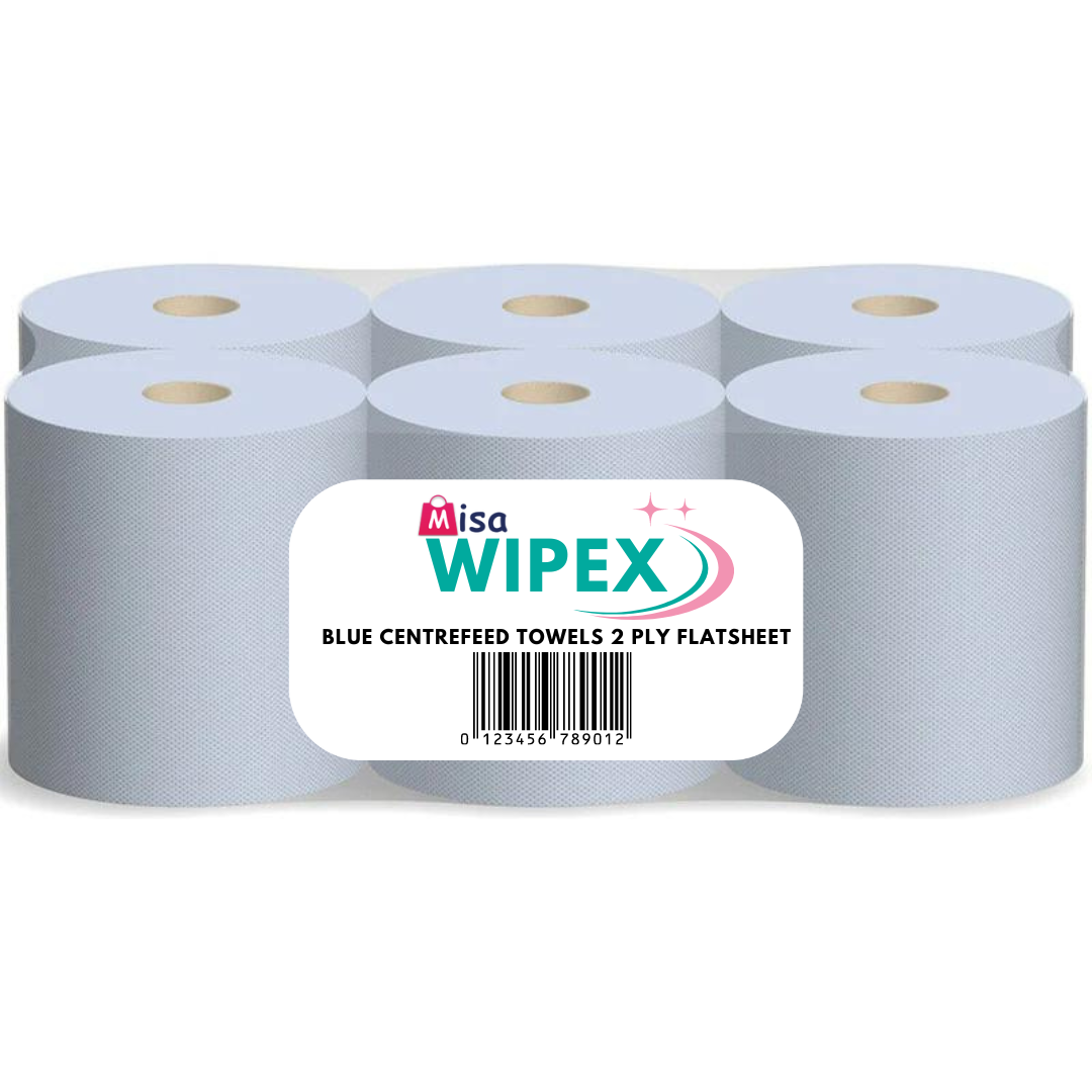 6 Rolls Misa Wipex Blue Centrefeed Towels 2 Ply Flatsheet Roll 150 Metre / Roll