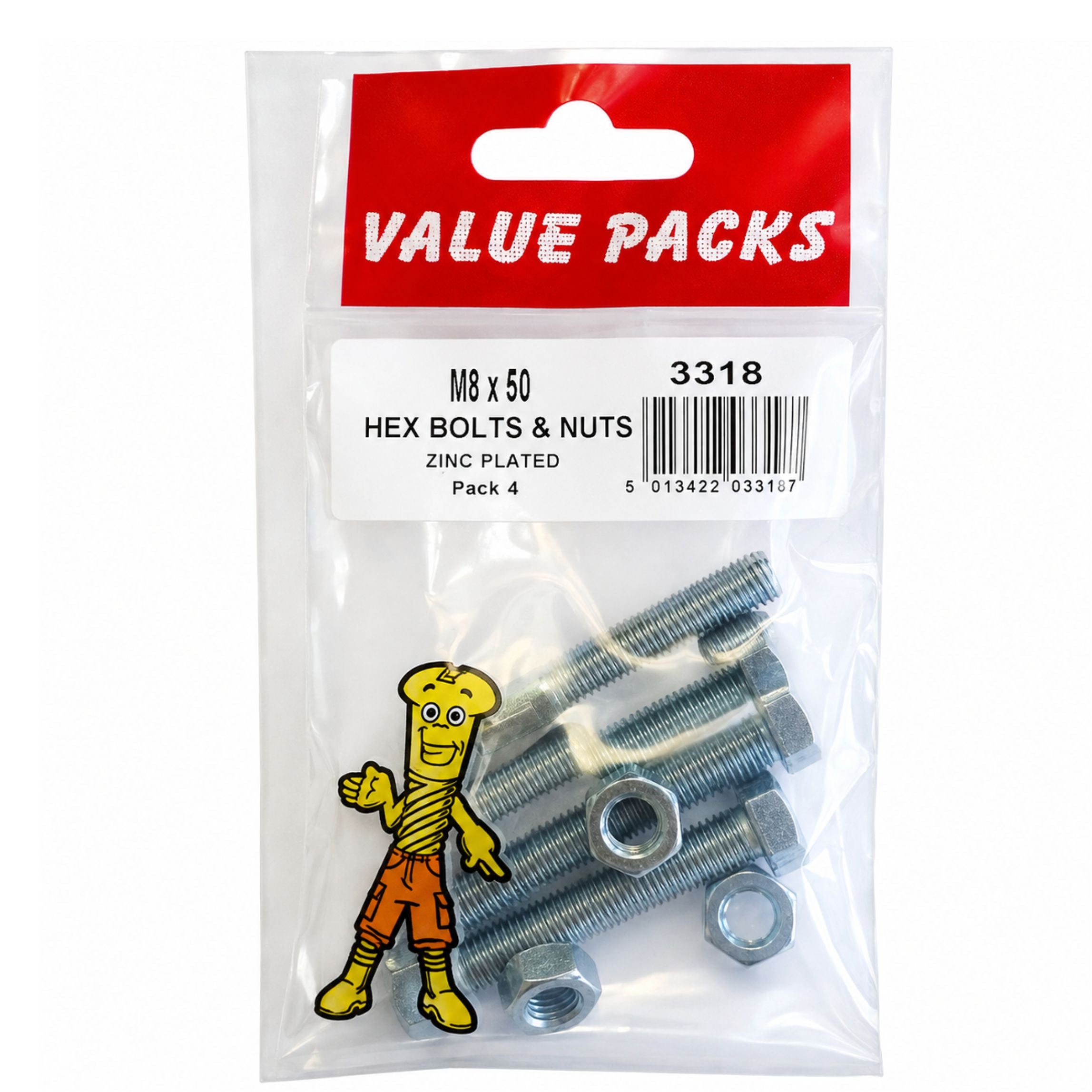 Fastpak Zinc Plated Hex Bolts with Nuts - M8 x 50mm Appx.4