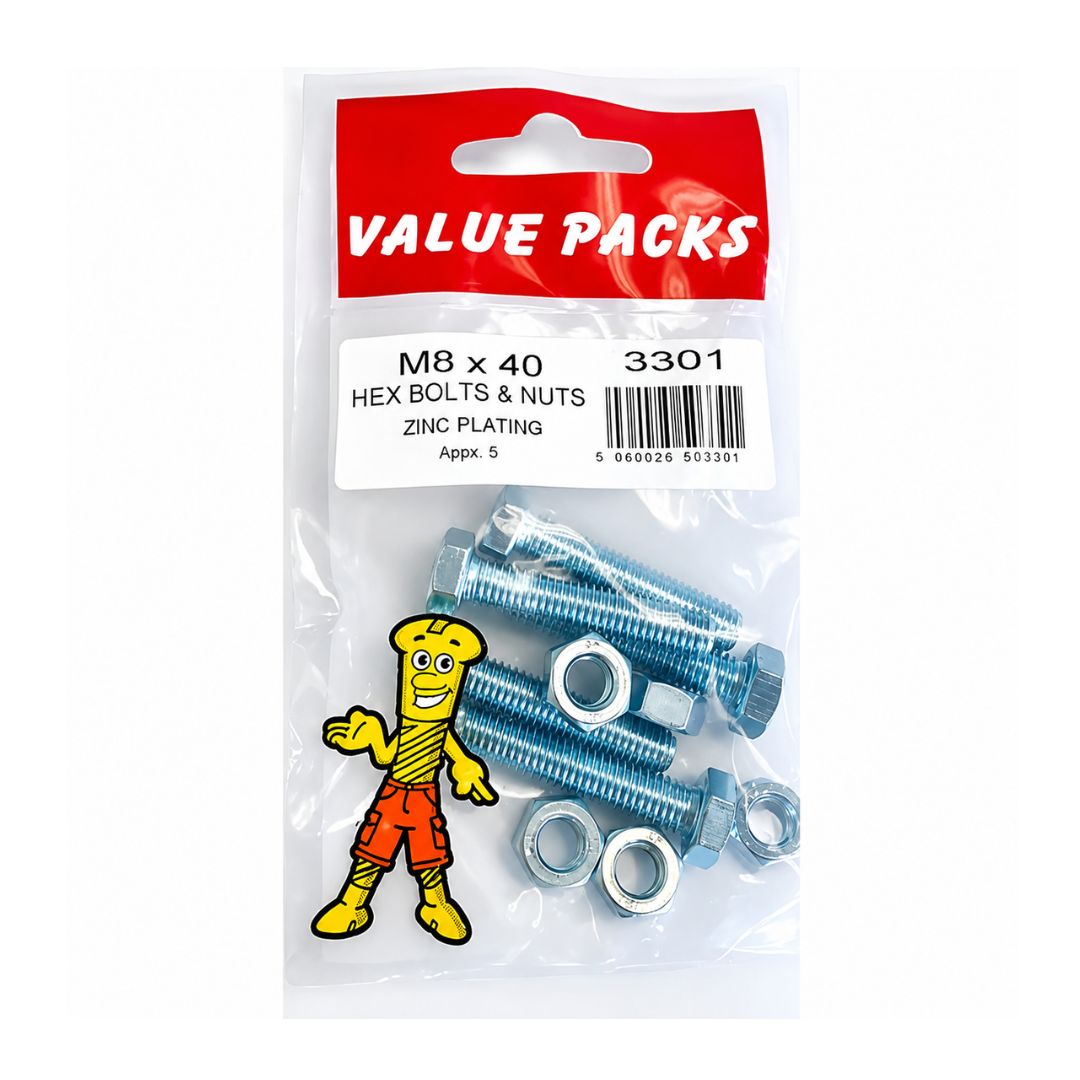 Fastpak Zinc Plated Hex Bolts with Nuts M8 x 40mm
