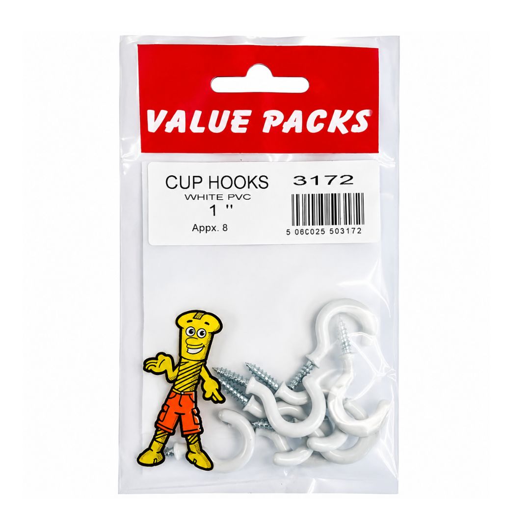 Fastpak 25mm White Plastic Coated Shouldered Cup Hooks Pack of 7