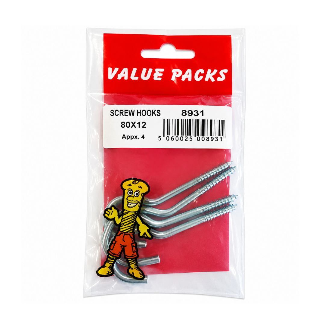 Value Pack 80mm x 12g Screw Hooks Zinc 3 Per Pack