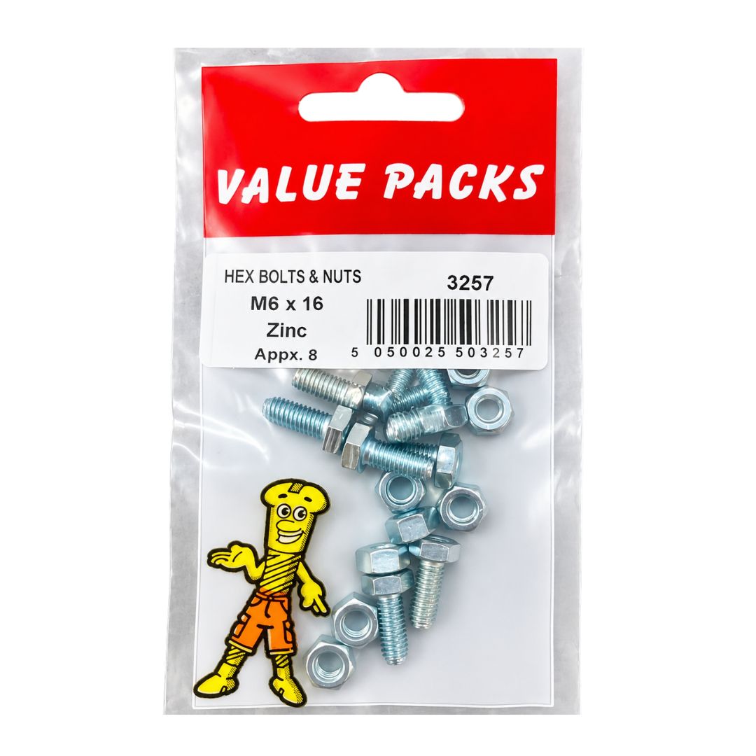 Fastpak Zinc Plated Hex Bolts with Nuts - M6 x 16mm