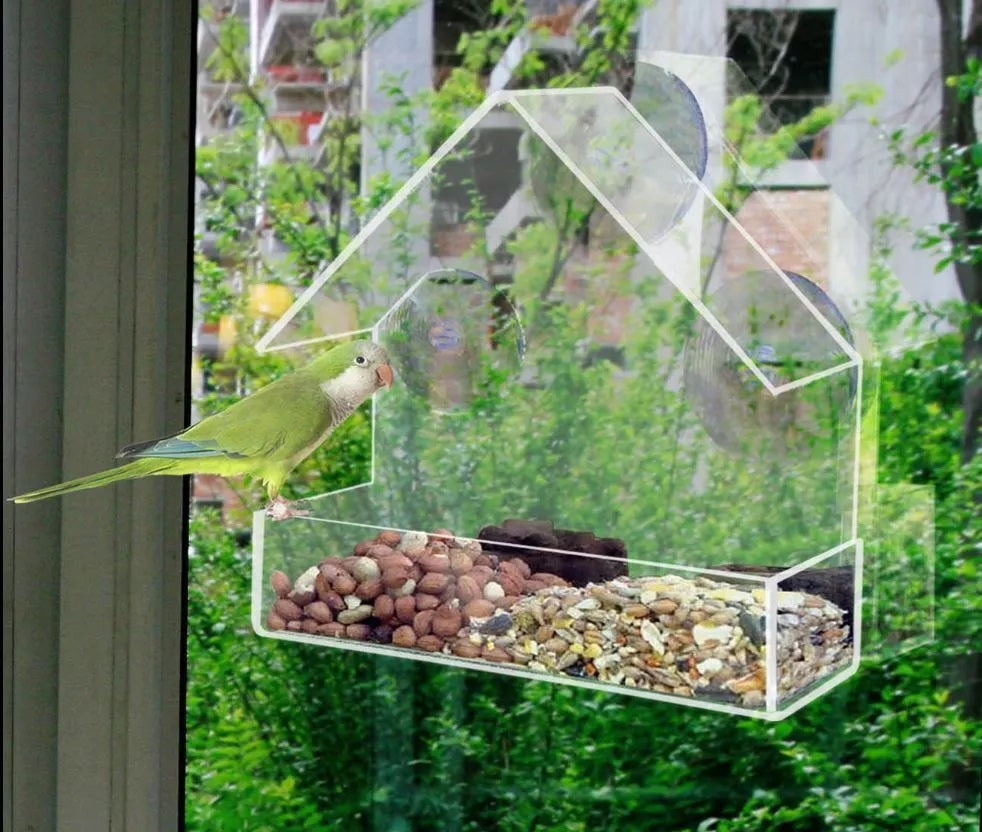 Window Bird Feeder Clear Perspex Feeding Station Seeds Nuts House Mounted Garden