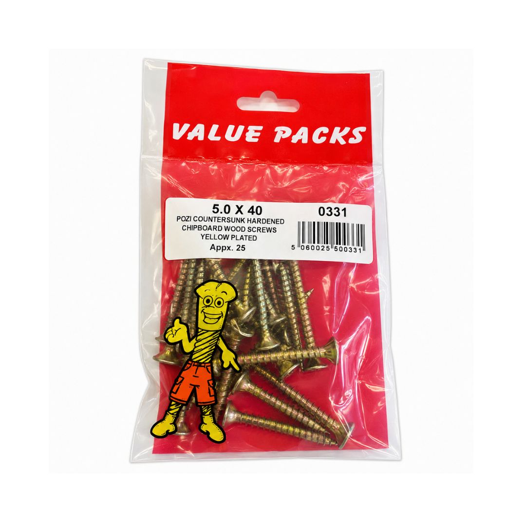 5.0 X 40 Pozi Csk Chipboard Screws Yellow 20 Per Pack