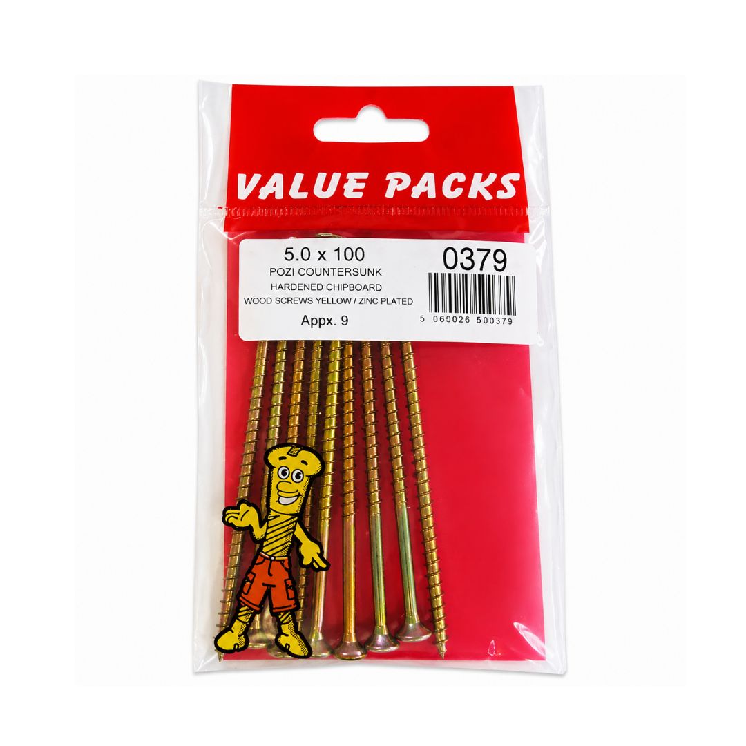 5.0 x 100 Pozi Countersunk Hardened Chipboard Wood Screws Pk of 8