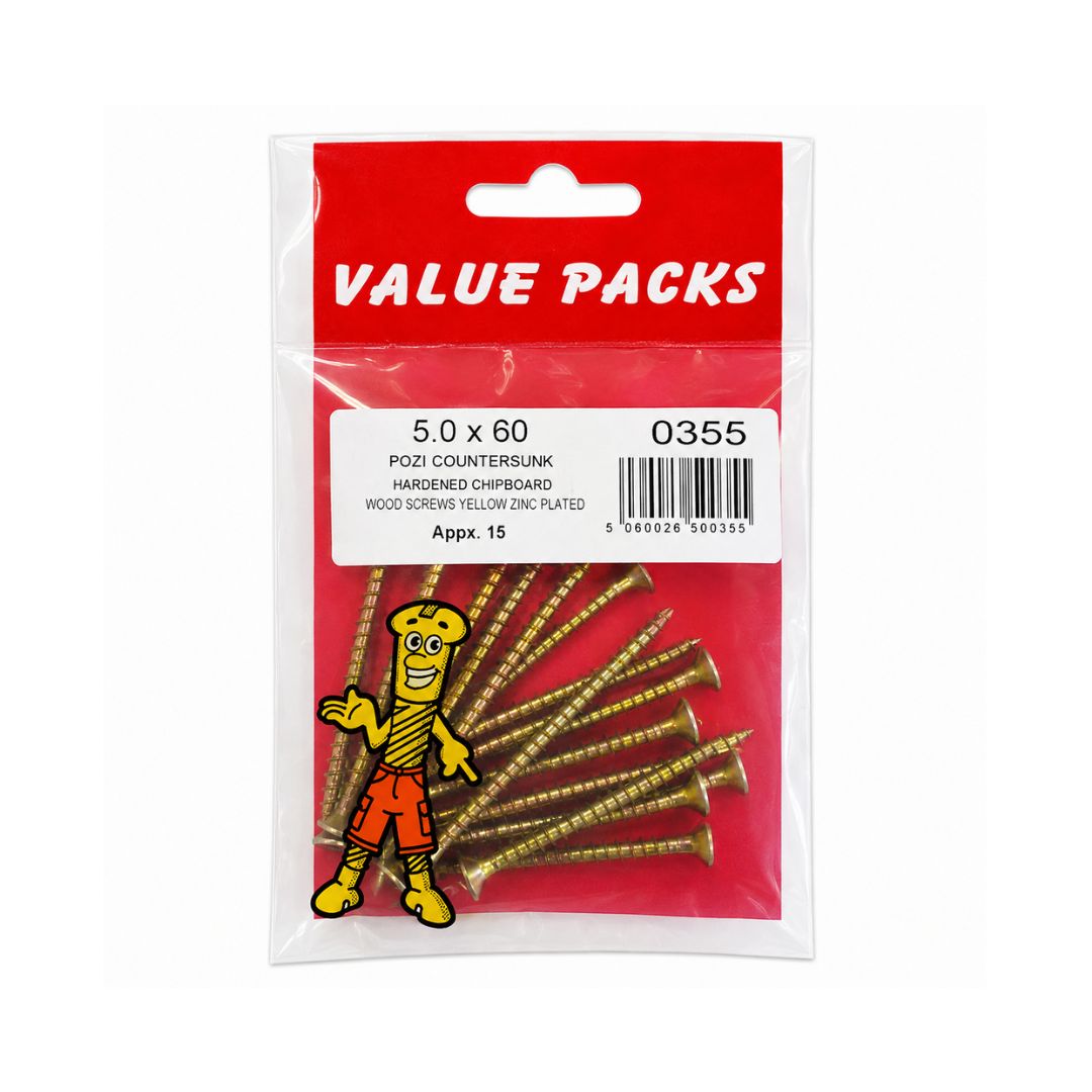 Countersunk Pozi Chipboard Screws 5.0 x 60mm 12 Per Pack