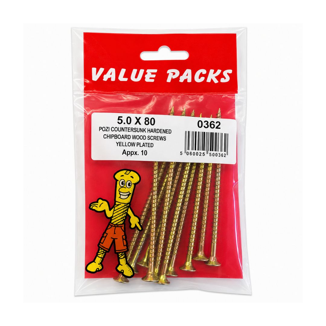 5.0 X 80 Pozi Csk Chipboard Screws Yellow 10 Per Pack