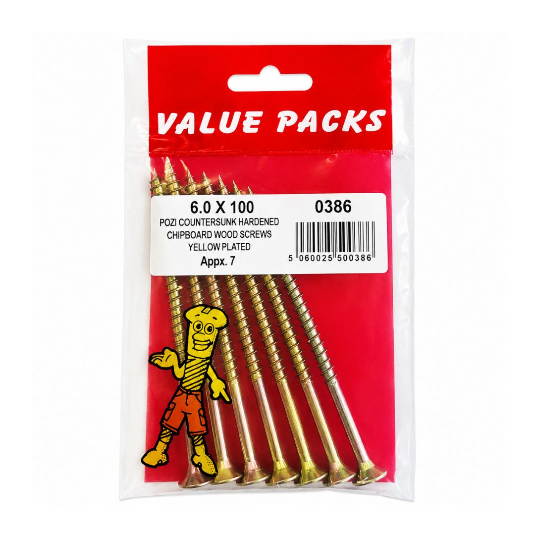 6.0 X 100 Pozi Csk Chipboard Screws Yellow 7 Per Pack