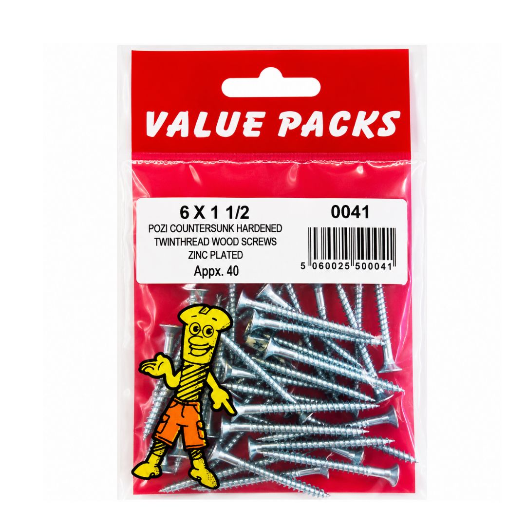6 X 1 1/2'' Pozi Csk Hardened Twinthread Woodscrews Zinc 40 Per Pack