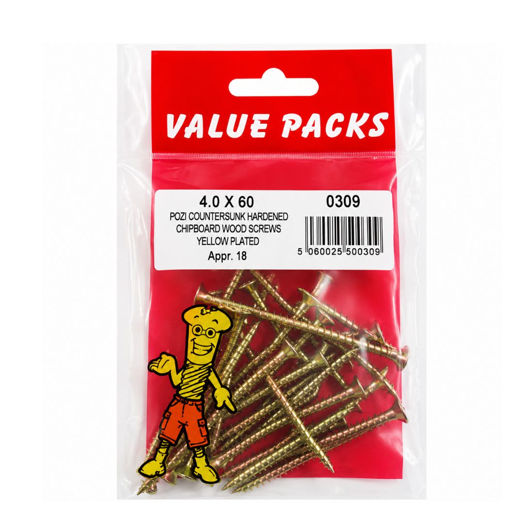 Value Pack 4.0 X 60 Pozi Csk Chipboard Screws Yellow 18 Per Pack