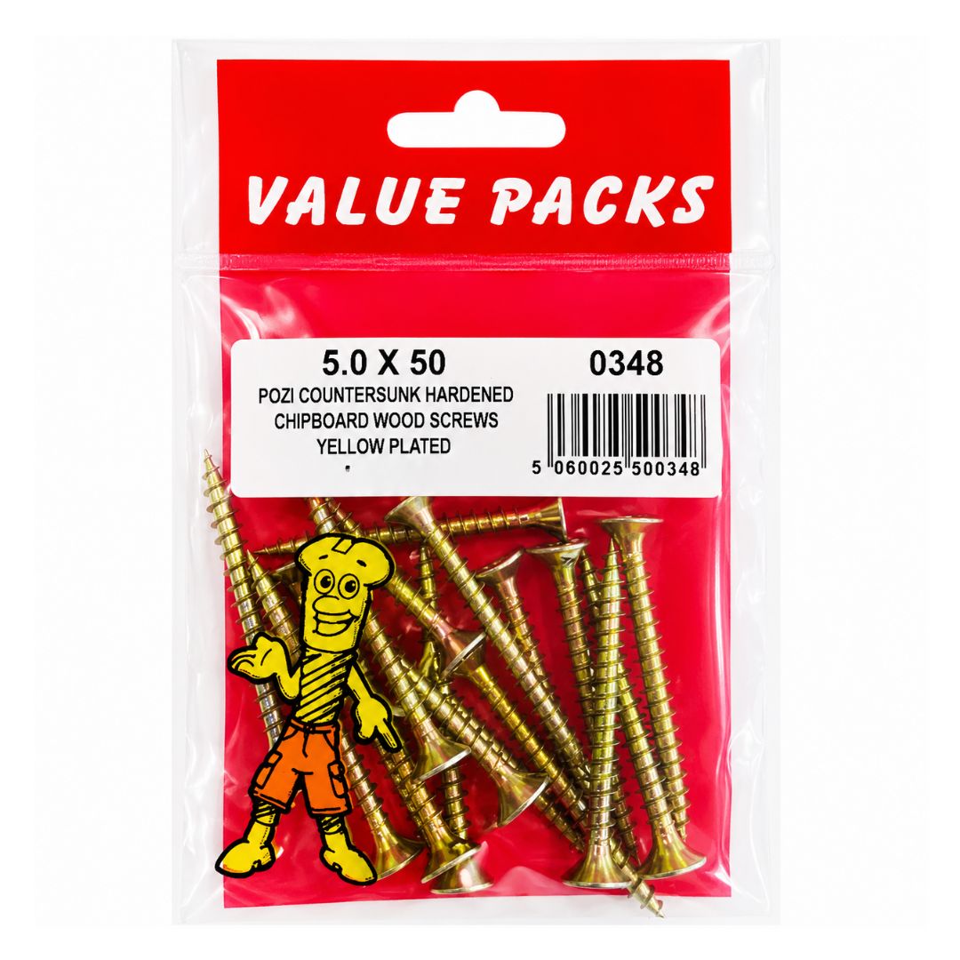5.0 X 50 Pozi Csk Chipboard Screws Yellow 16 Per Pack