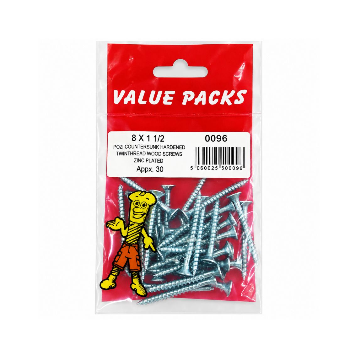 8 X 1 1/2'' Pozi Csk Hardened Twinthread Woodscrews Zinc 30 Per Pack