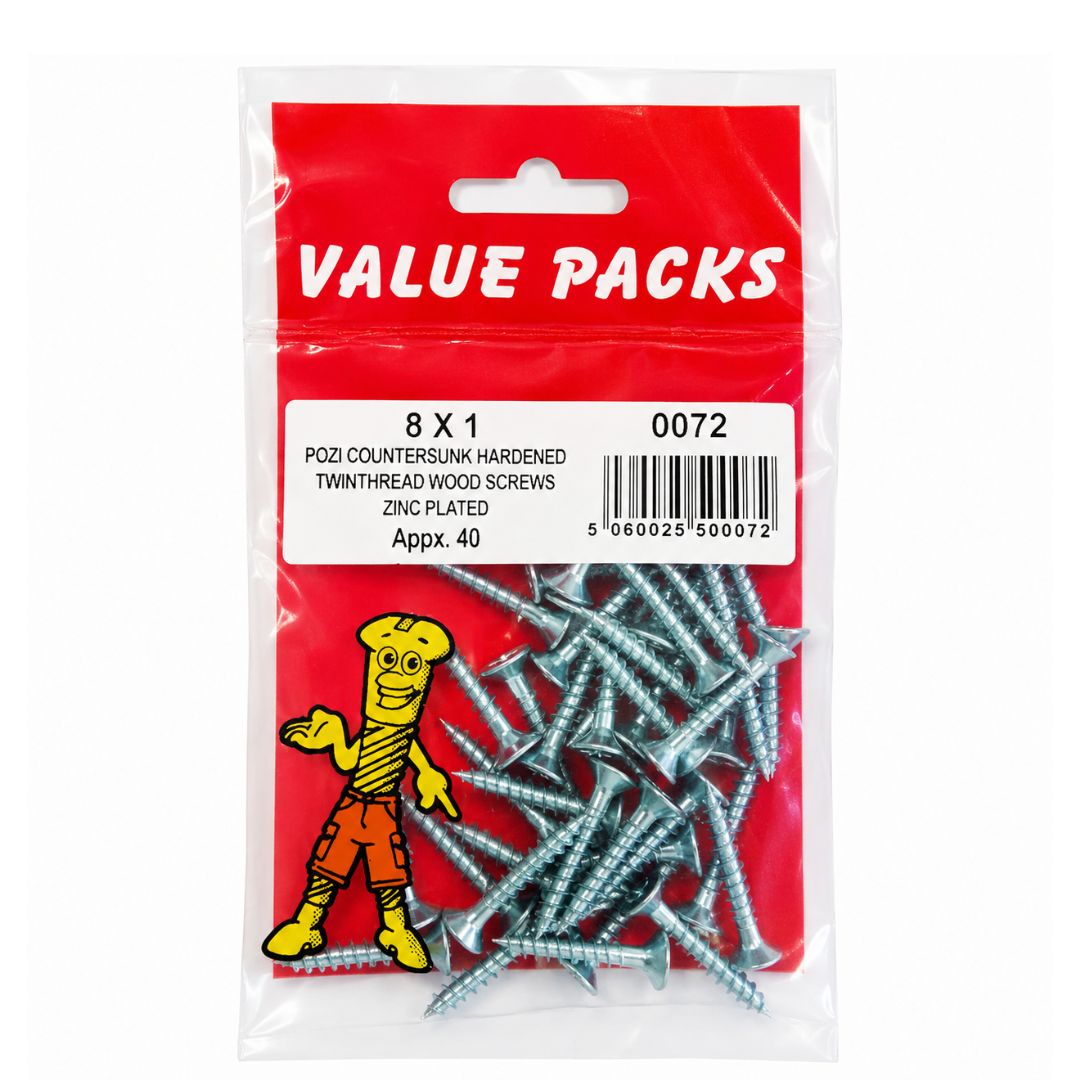 Value Pack 8 X 1'' Pozi Csk Hardened Twinthread Woodscrews Zinc 40 Per Pack