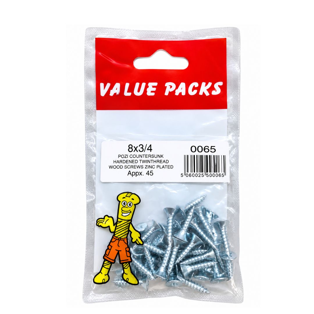 Value Pack 8 X 3/4'' Pozi Csk Hardened Twinthread Woodscrews Zinc 45 Per Pack