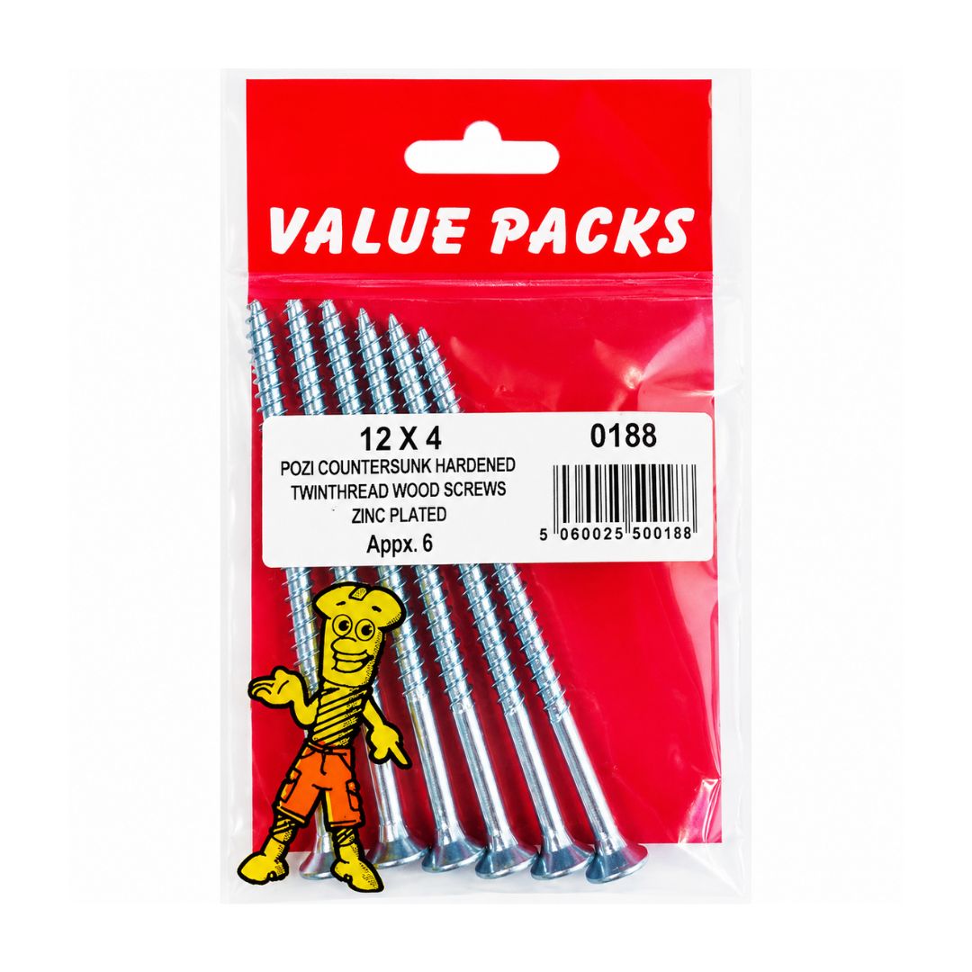FastPak 12 X 4'' Pozi Csk Hardened Twinthread Woodscrews Zinc 6 Per Pack