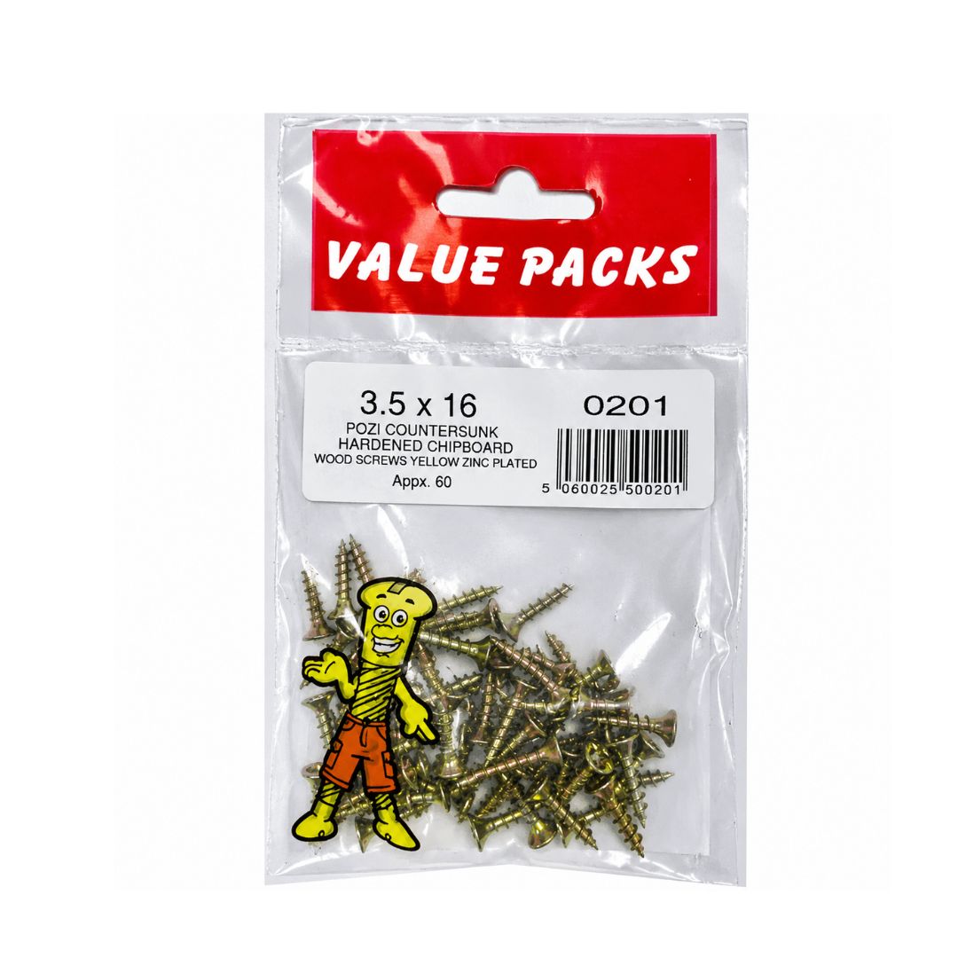 3.5 X 16 Pozi Csk Chipboard Screws Yellow 60 Per Pack