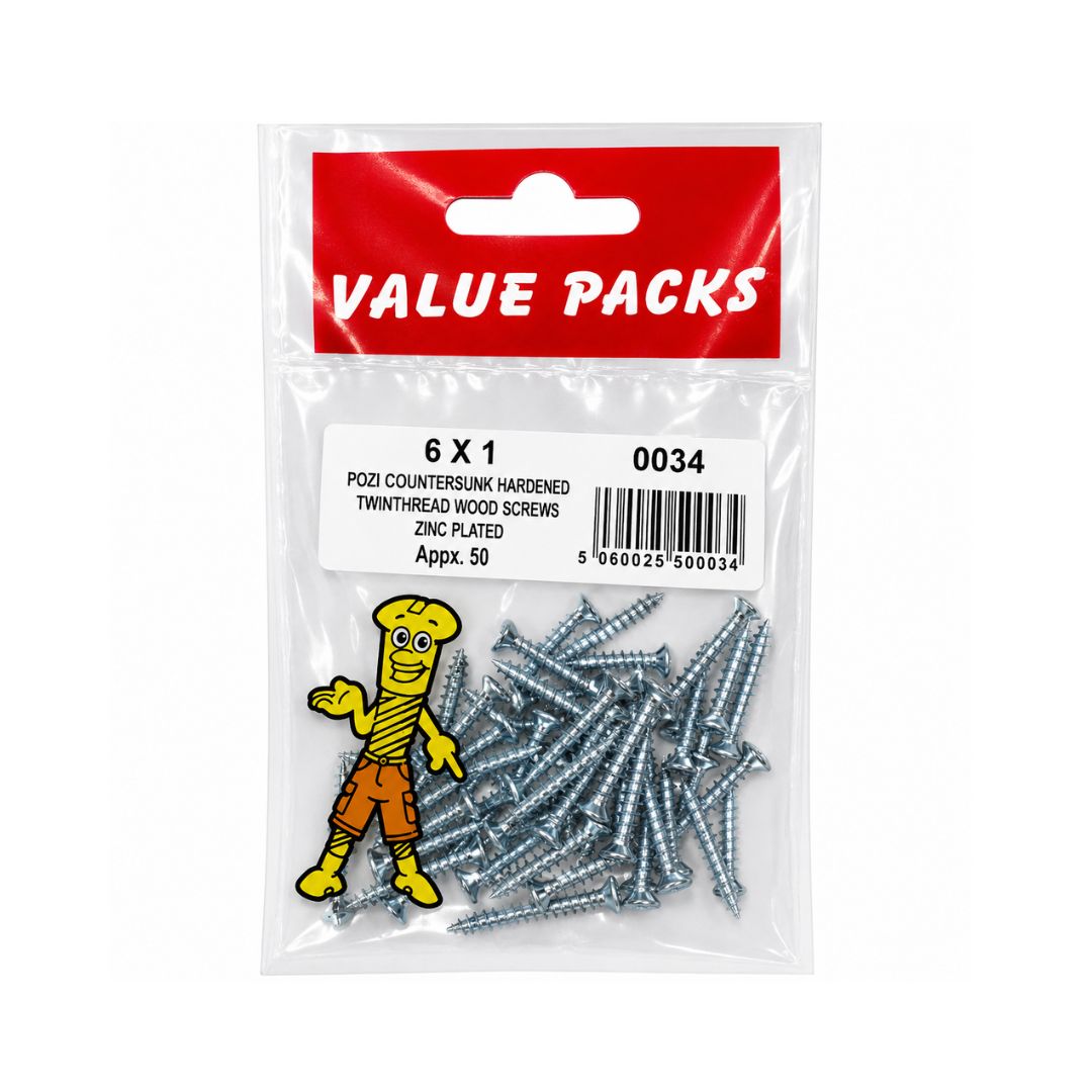 6 X 1'' Pozi Csk Hardened Twinthread Woodscrews Zinc 50 Per Pack
