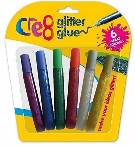 6 x Glitter Glue Pens Children Kid Multi Colour Card Craft Making Gift Non Toxic