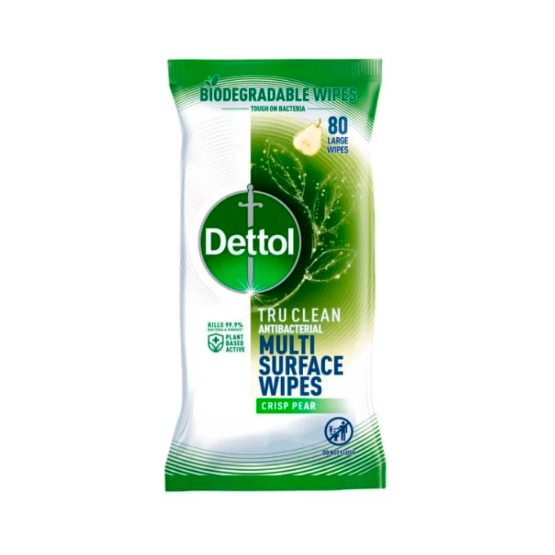 Dettol Tru Clean Antibacterial Biodegradable Crisp Pear Cleaning Wipes 80pk