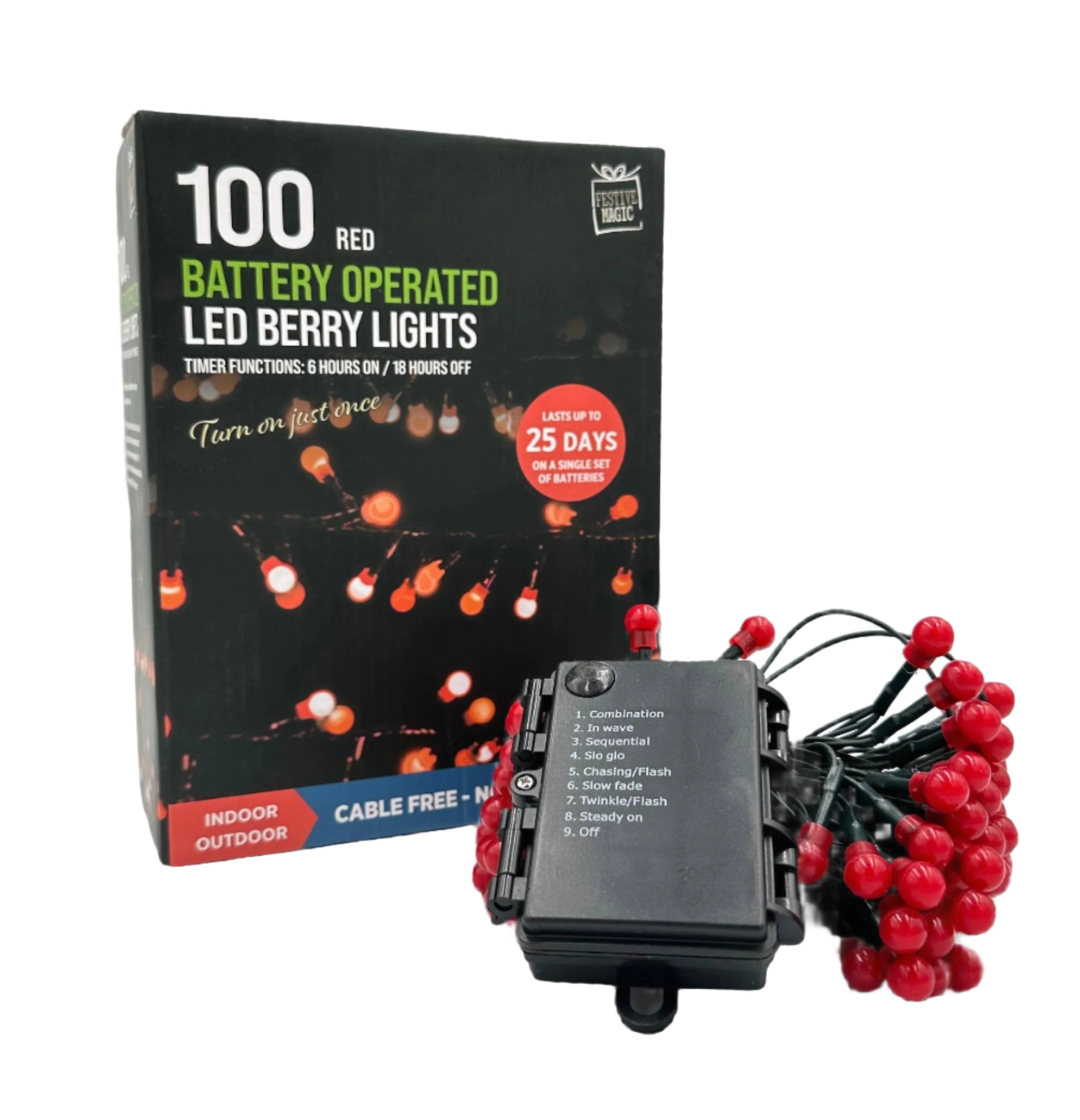 100 Red Battery Operated L.E.D Berry Lights 6.93m Long