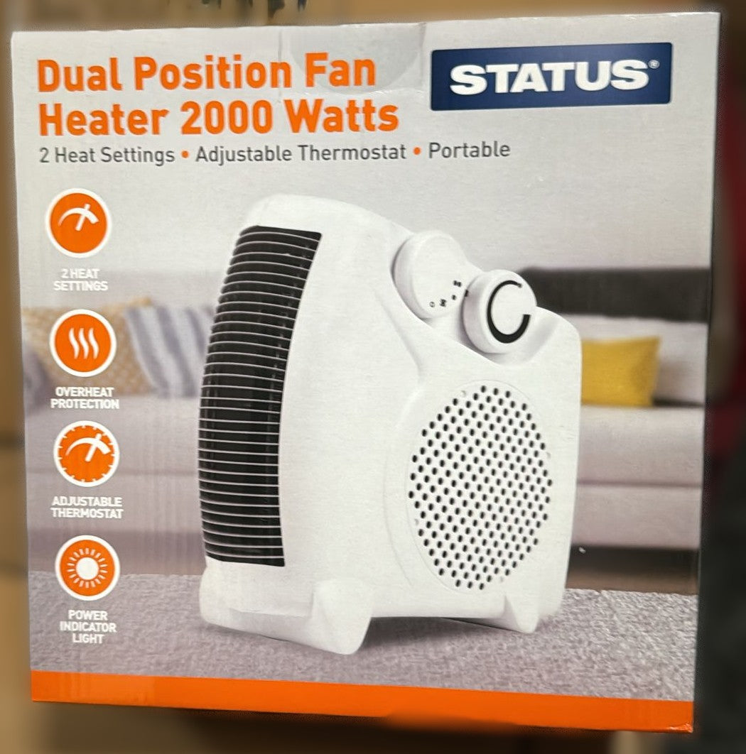 Status Dual Position Fan Heater 2000w UK Plug 2 Heat Settings Adjustable Thermostat Overheat Protection Portable White