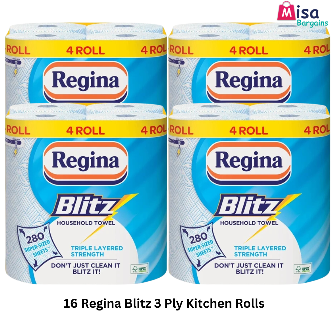 16 Rolls Regina Blitz 3 Ply 4 Rolls Per Pack 280 Sheets Per Roll Ultimate Absorption