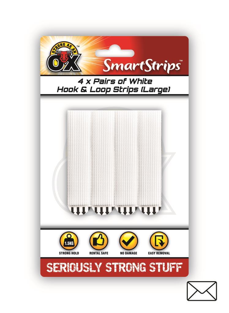 OX Smart Strip White Hook & Loop Strips Large 4PK