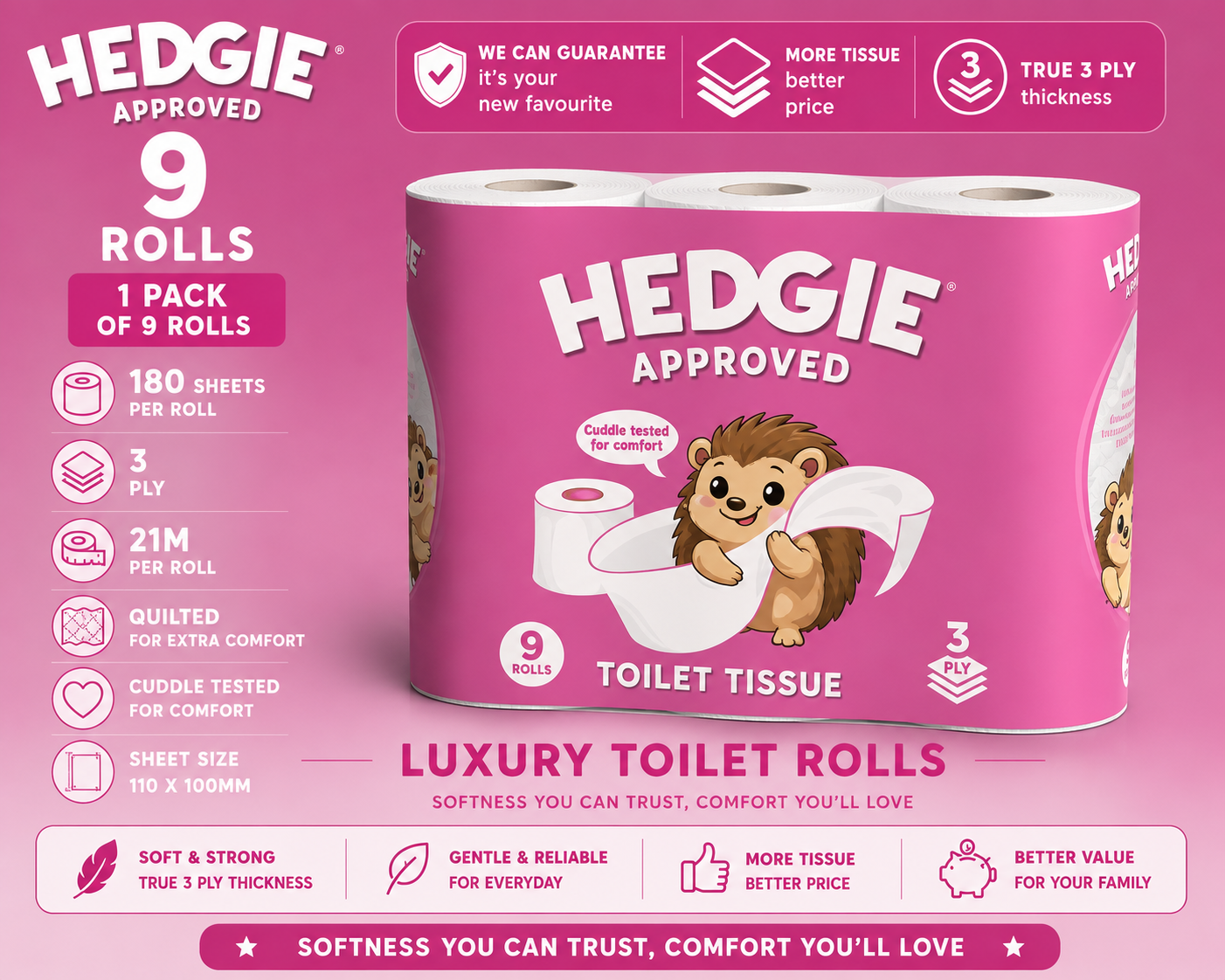 Hedgie 3ply Quilted Soft Toilet Tissue 180 x 3 ply sheets per roll 20.7m /roll
