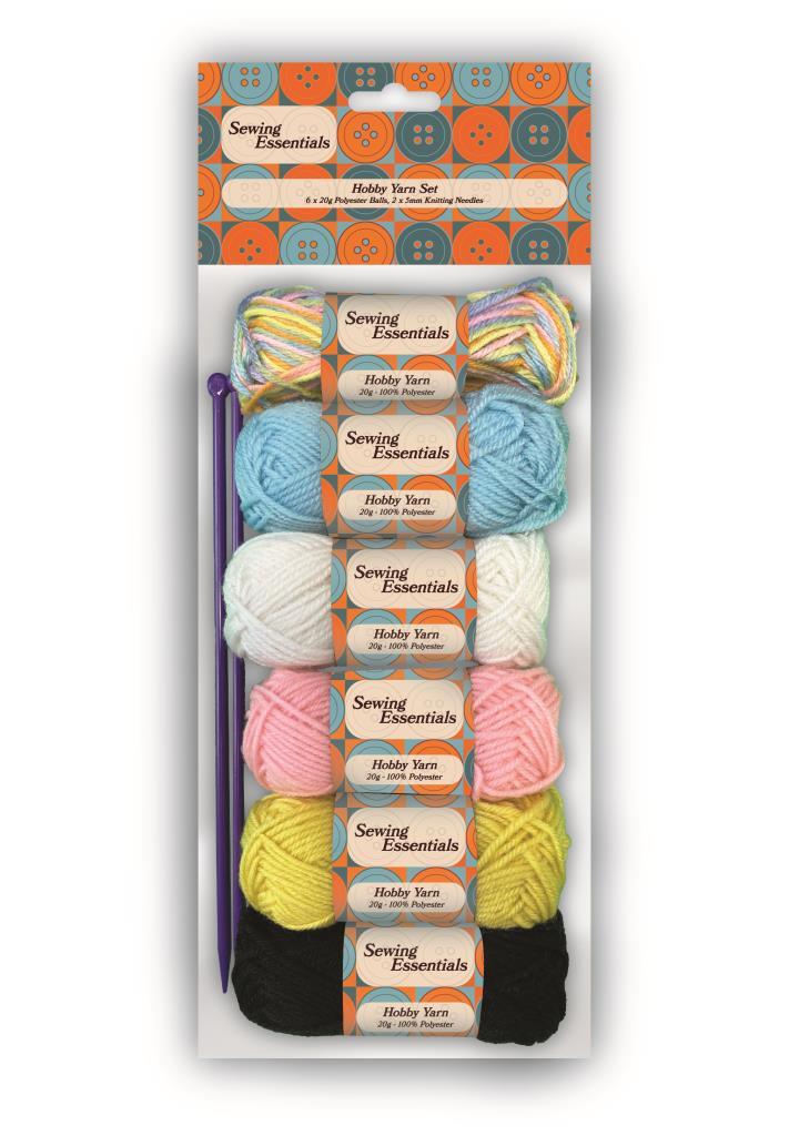 Sewing Essential Hobby Yarn Set 6x20g Polyester Balls 2 x 5mm Knitting Needles