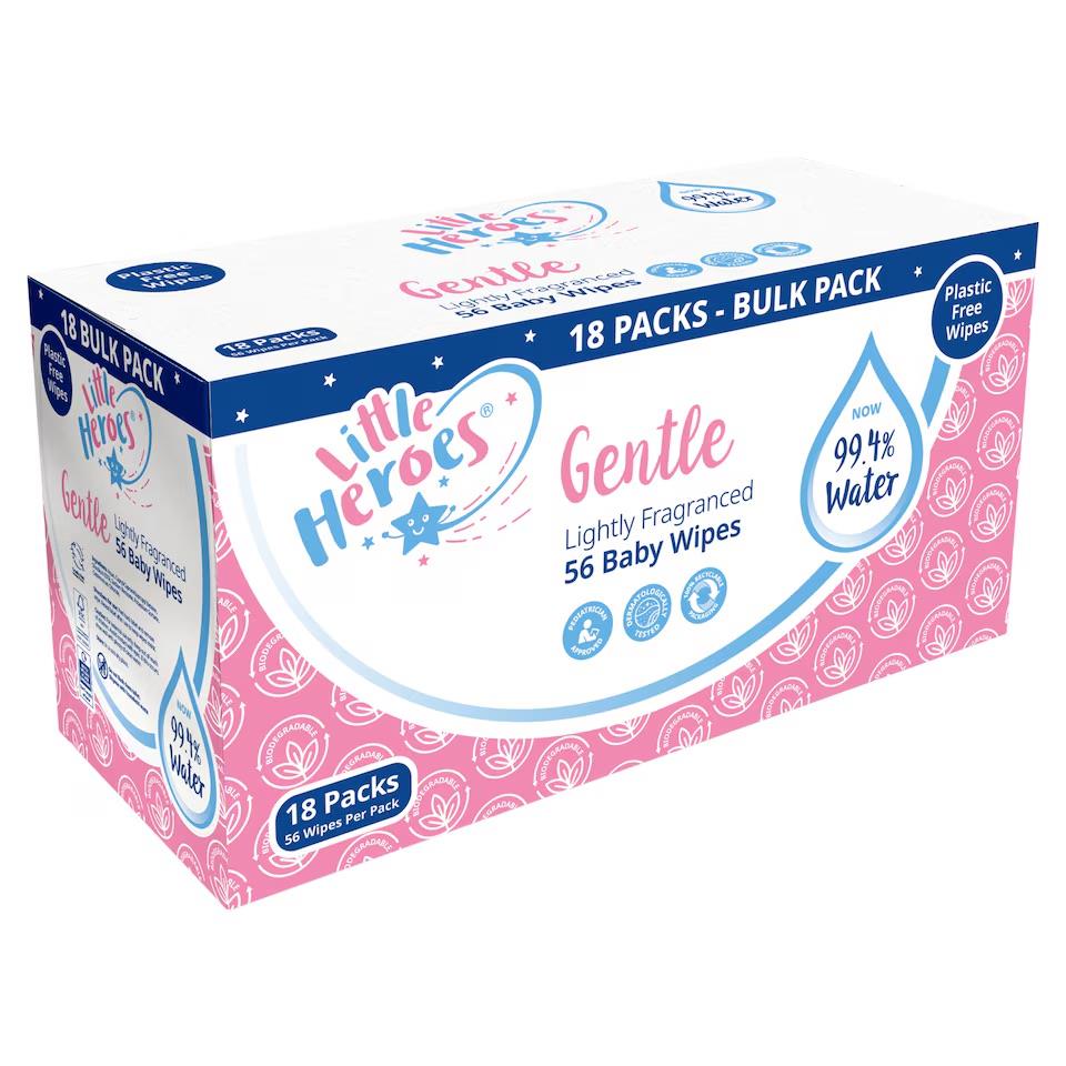 18 x LITTLE HEROES PLASTIC FREE GENTLE BABY WIPES  56's
