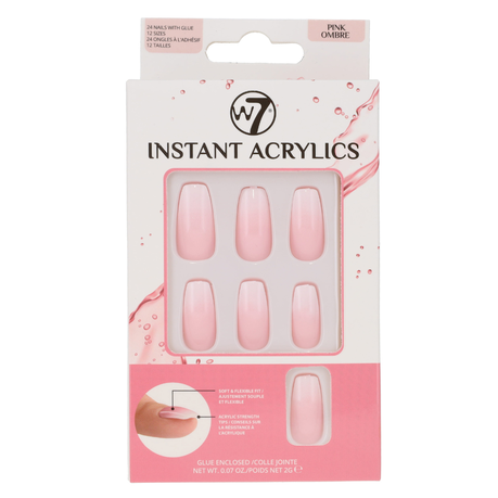 W7 Instant Acrylics -  Pink Ombre Long False Nails With Glue