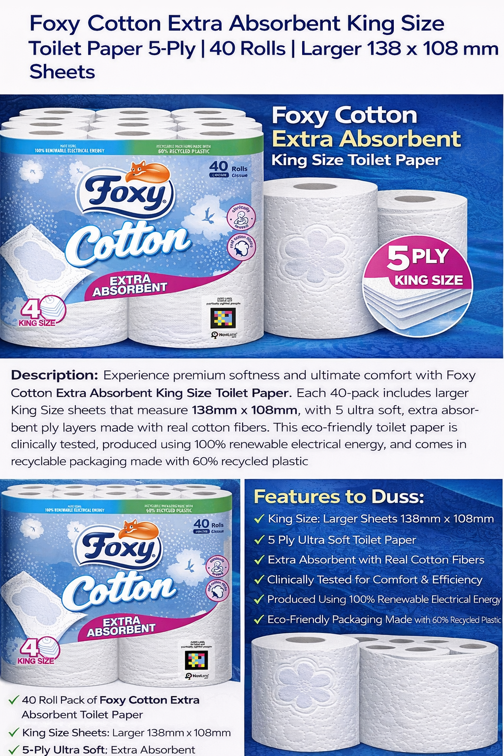 40 x FOXY COTTON TOILET ROLL 5ply 120Sht /Roll FSC®