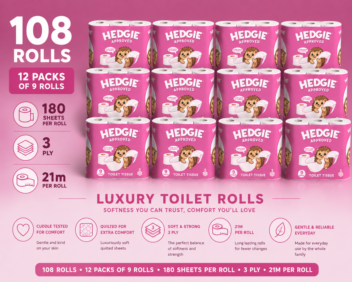 Hedgie 3ply Quilted Soft Toilet Tissue 180 x 3 ply sheets per roll 20.7m /roll