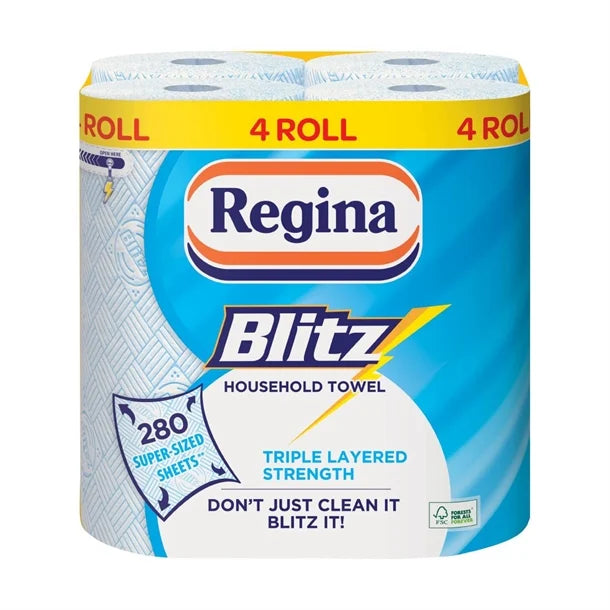 16 Rolls Regina Blitz 3 Ply 4 Rolls Per Pack 280 Sheets Per Roll Ultimate Absorption