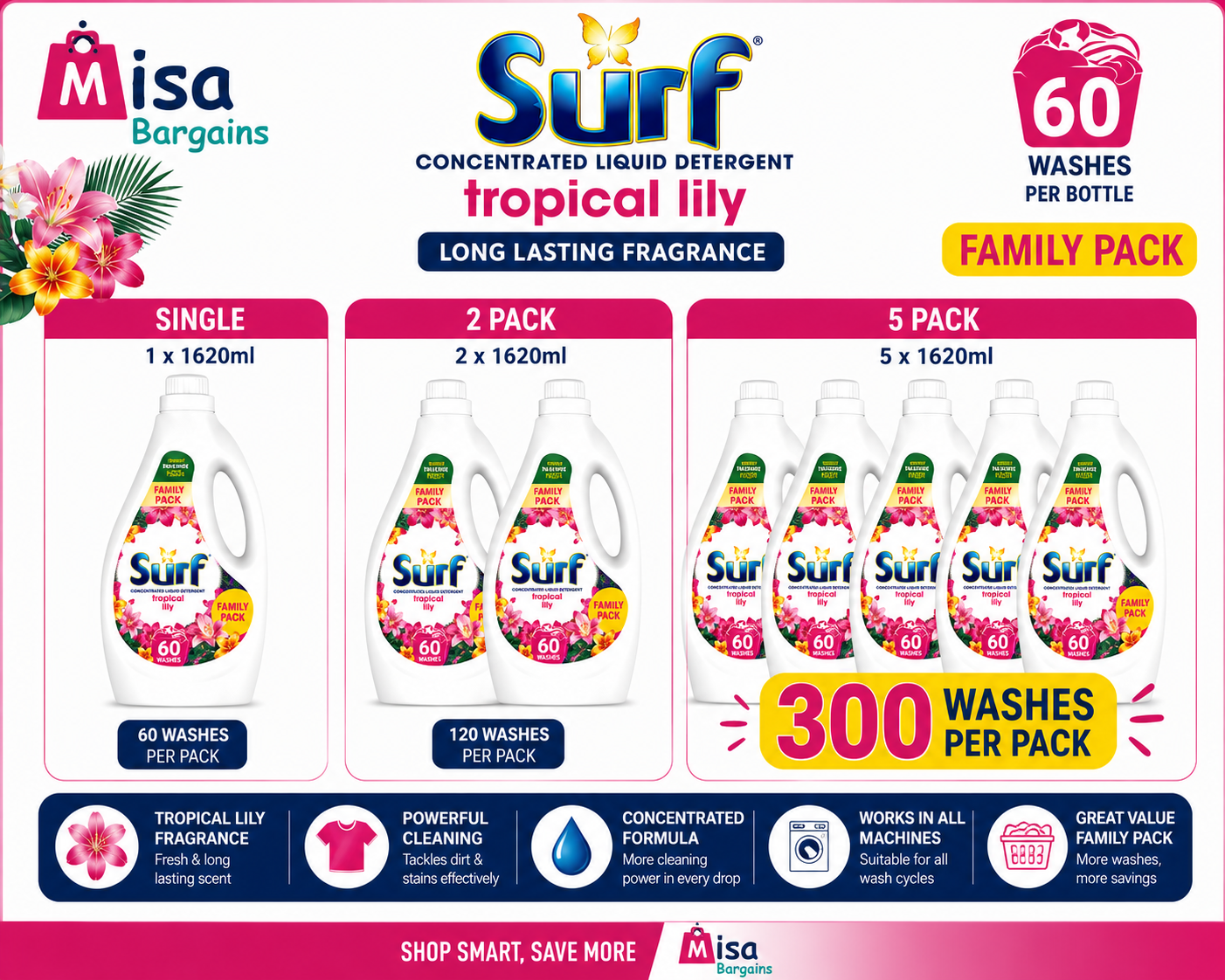 Surf Tropical Lily 60 Wash Liquid Laundry Detergent 1620ml – Long ...