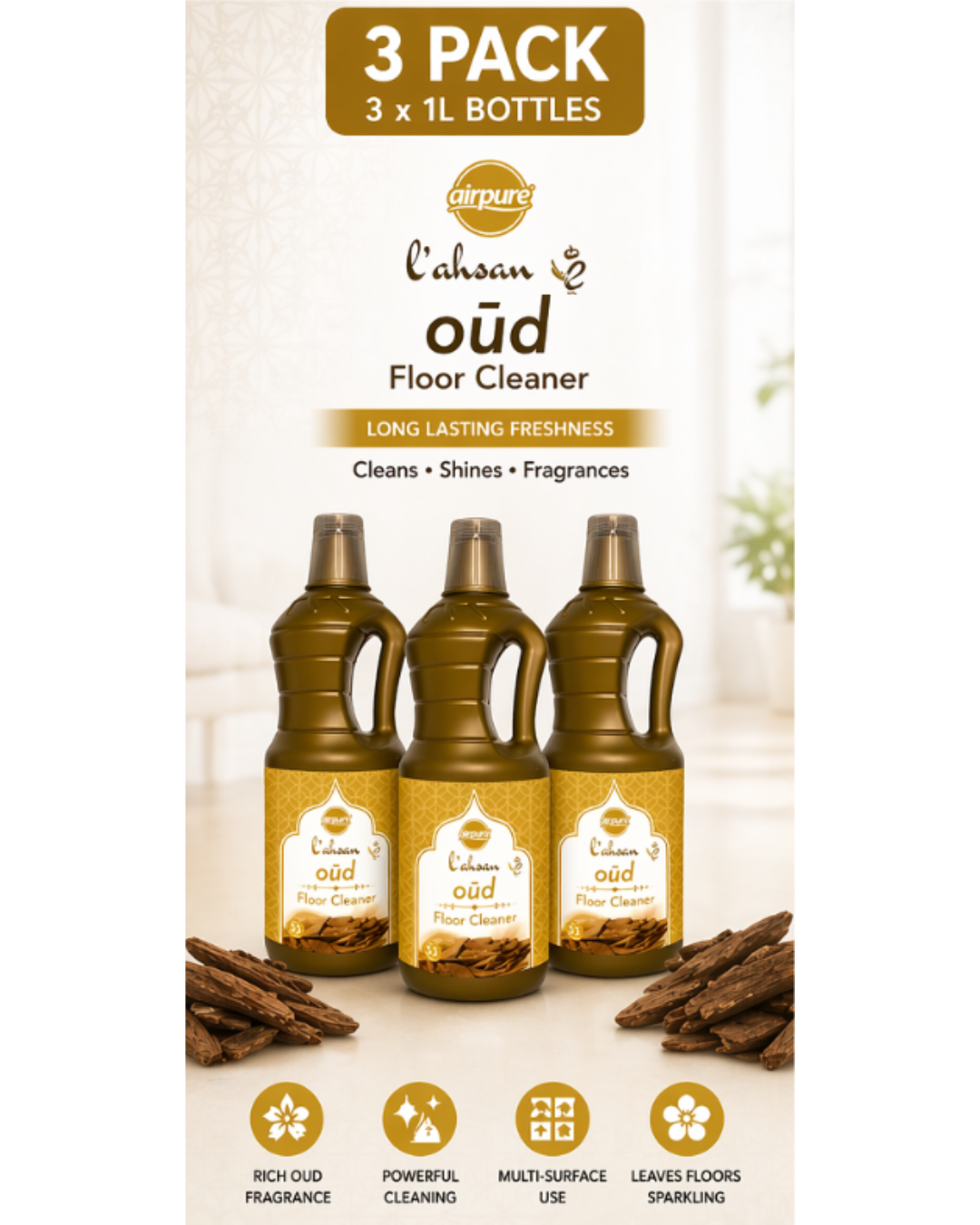 Airpure Moroccan Liquid Floor Cleaner 1L – Zulal, Safi, L’u’lu & Oud | All Scents Variety | 3 Pack, 6 Pack, 12 Pack & Mixed Bundles | Multi-Surface Cleaning Solution