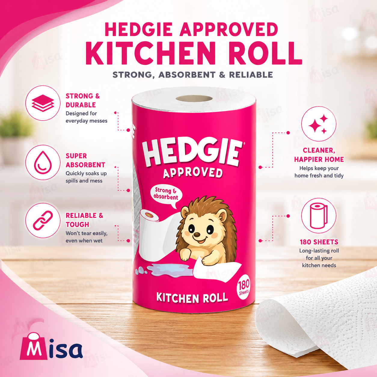 Hedgie Kitchen Towels 2 ply Strong Absorbent 180 Sheets / Roll