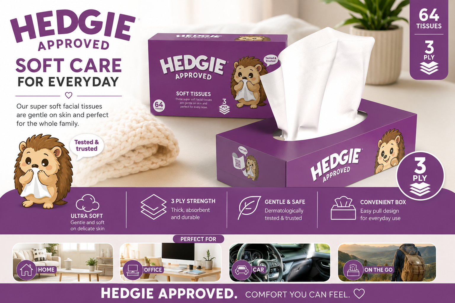 Hedgie Soft Facial Family Tissue 3ply Box