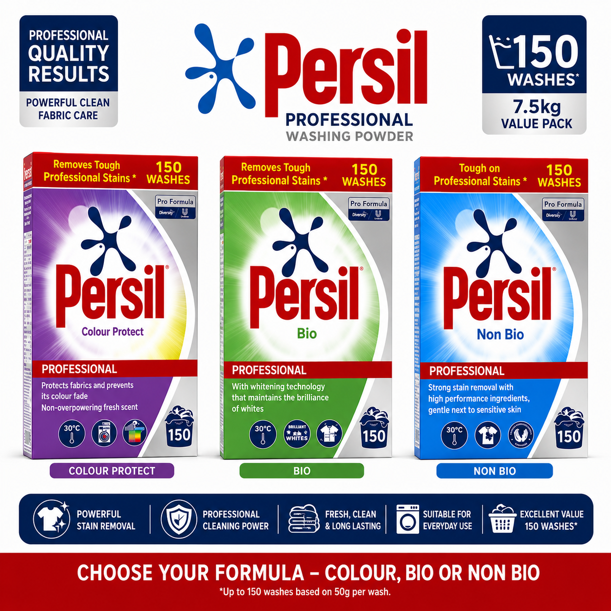 Persil Professional Laundry Washing Powder 7.5kg | 150 Washes | Bio, Non Bio & Colour Protect Options Available