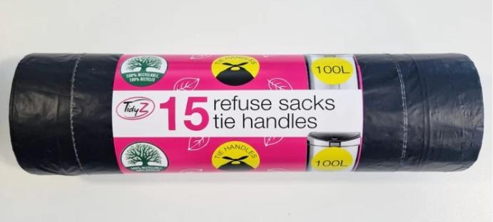 Tidyz 15 Refuse Sacks With Tie Handles 100L