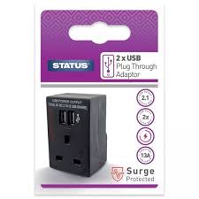 Status Twin USB Surge Protected Plug Through Adaptor Wall Charger, Black