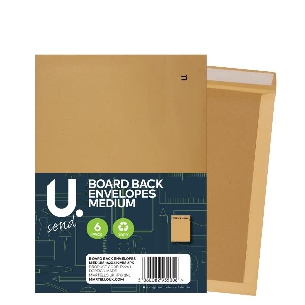 Board Back Envelopes Medium, 162x229mm, 6pk