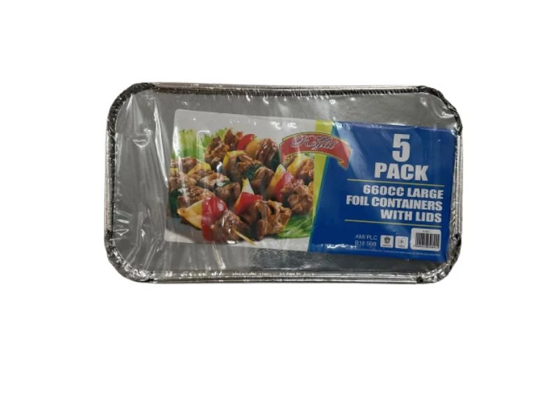 5 Pack Large Foil Containers With Lids 660cc